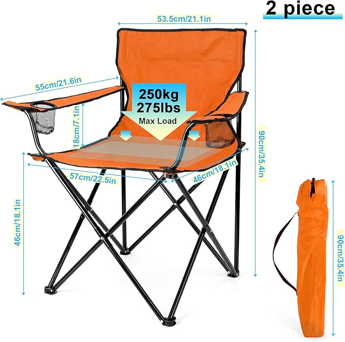 HaSteeL Camping Chair for Adults, Folding Beach Chair Set of 2, Large Foldable Portable Chair for Outdoors Fishing, Hiking, Sporting, Travel, Picnic, Lawn, Hold 275lbs & A Storage Bags (Orange)