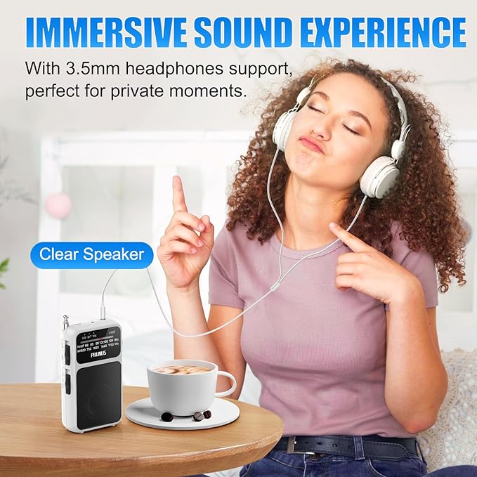 PRUNUS J-555 Pocket Radio AM FM USB-C Charging& Battery Operated, Excellent Reception& Clear Speaker and Headphone Jack, Back Clip, Flashlight, Transistor Radio, Portable Radios AM FM, Mini Radios