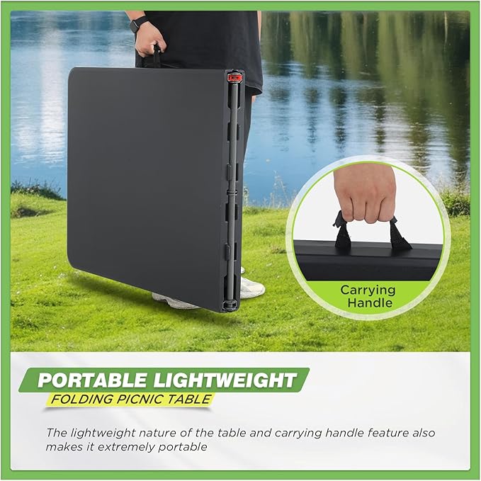 BestOffice Outdoor 6 FT Folding Camping Table Plastic Table Portable Square Height Dining Table Perfect for Picnics, Parties, Party and Camping, Black