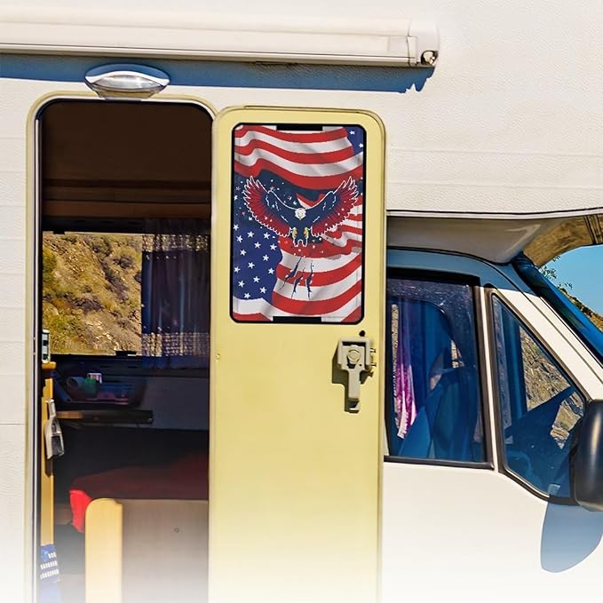 RV Door Window Shade, Flag Eagle Pattern Universal Camper Trailer Blackout Window Cover, UV Rays Protection, Side Door Window Shade Cover, RV Accessories for Outside
