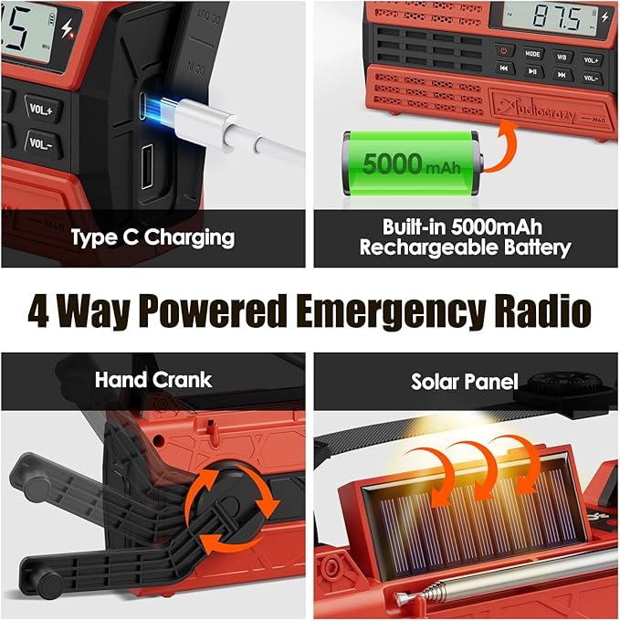 Emergency Crank Radio, 5000mAh/18500mWh Solar Hand Crank Radio, AM/FM/NOAA Weather Radio with Bluetooth,Type C Charger, 3 Mode Flashlight,Reading Lamp for Emergency& Camping Red