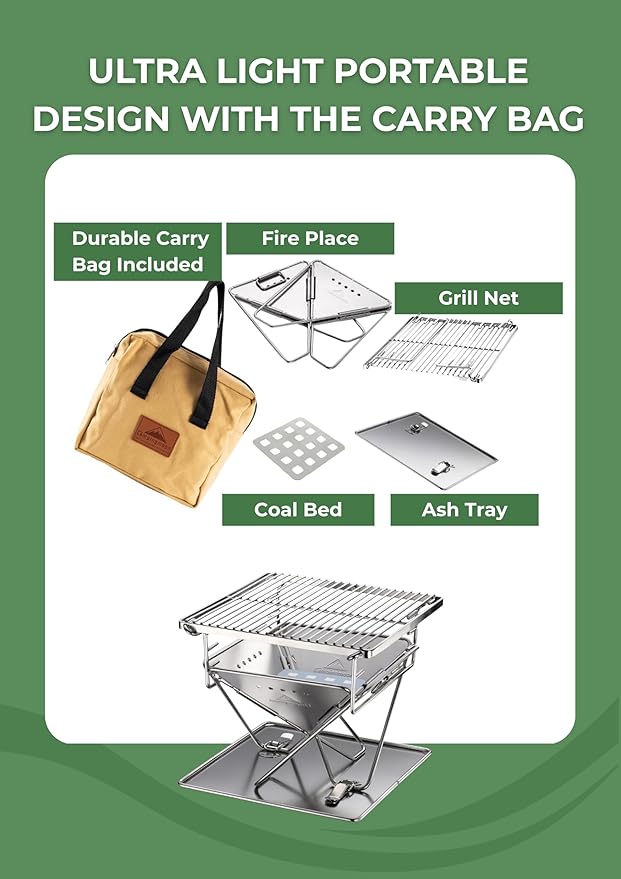 CAMPINGMOON X-MINI PRO Portable Charcoal Grill 9.65 Inch Stainless Steel Tabletop Grill Fire Pit 3 Level Adjustable Height Grill for Camping Outdoor Cooking Barbecue Carry Bag