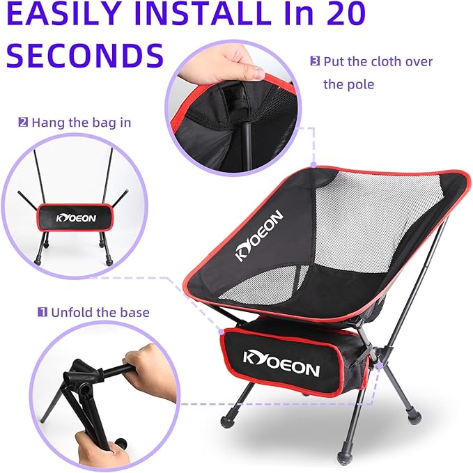 Portable Camping Chair, Ultralight Durable Foldable Chair for Outdoor Camp,Travel, Beach, Picnic, Garden, Sport Sturdy Frame, Comfortable Collapsible Lawn Chair, Supports 330Lbs