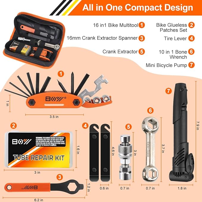 Bicycle Repair Bag With Tire Pump, Portable Tool Kit for Camping Travel - Bike Glueless Patches, Maintenance Essentials All in One Safety Kit