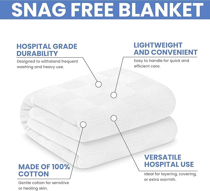 Linteum Textile Supply White - Snag Free Hospital Thermal Blanket 66x90 Inch 100% Cotton, Soft and Cozy, Breathable, All Season Twin Hospital Blanket (2-Pack)