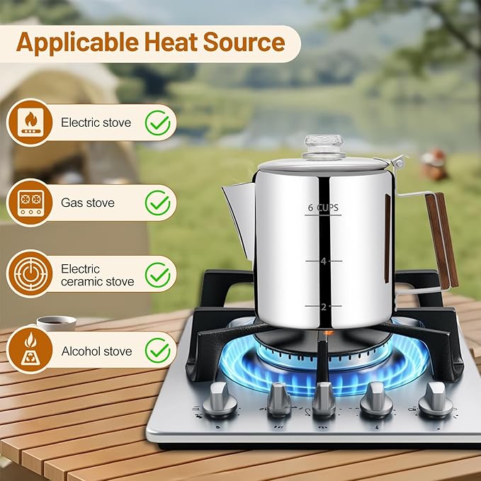 No Coating 6 Cup Percolator Coffee Pot 304 Stainless Steel Moka Pot Stovetop Espresso Maker Italian Greca Cuban Machine 1000ml 33.8oz Suitable for Gas Induction Stovetop Camping Kettle