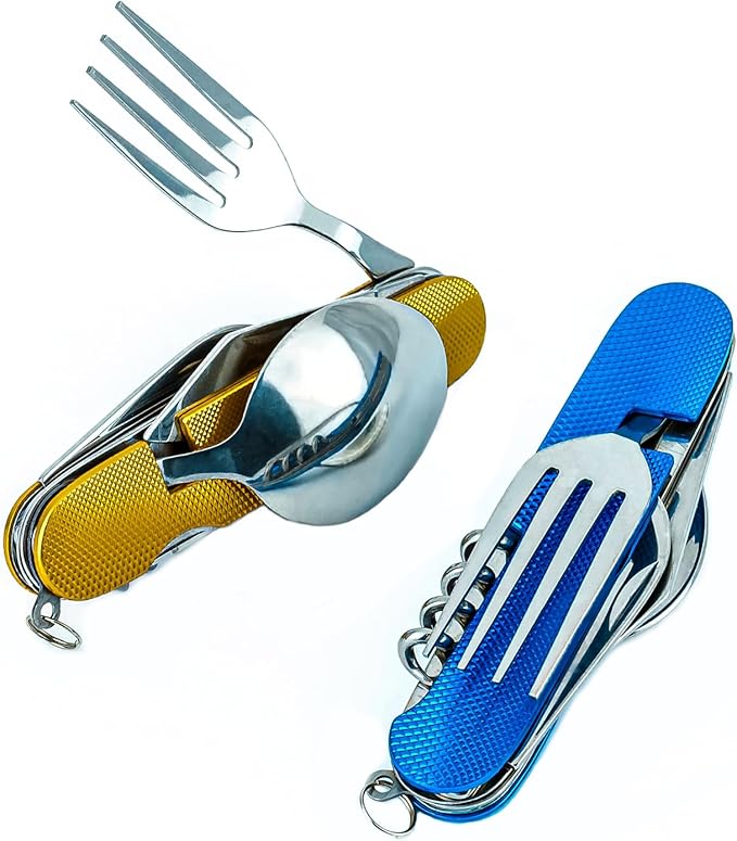 6-in-1 Multi-Function Camping Flatware Utensil Folding Knife Cutlery Detachable Pocket Kits with Carrying Pouch (Gold + Blue)