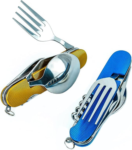 6-in-1 Multi-Function Camping Flatware Utensil Folding Knife Cutlery Detachable Pocket Kits with Carrying Pouch (Gold + Blue)