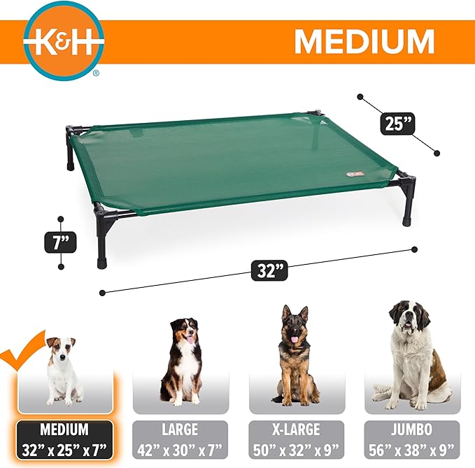 K&H Outdoor Elevated Dog Bed - Cooling Raised Dog Bed for Small & Medium Pets, Breathable Mesh Hammock Design, Indoor/Outdoor Washable Cover, Portable Metal Frame, Green, Medium 32x25in