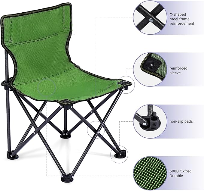 Byliable Kids Camping Chair, Kids Folding Chair for Outdoor, Lightweight Backpacking Chair, Armless Foldable Lawn Chair for Outdoor Camping Hiking Beach Sports and Picnic, Green, with Carry Bag