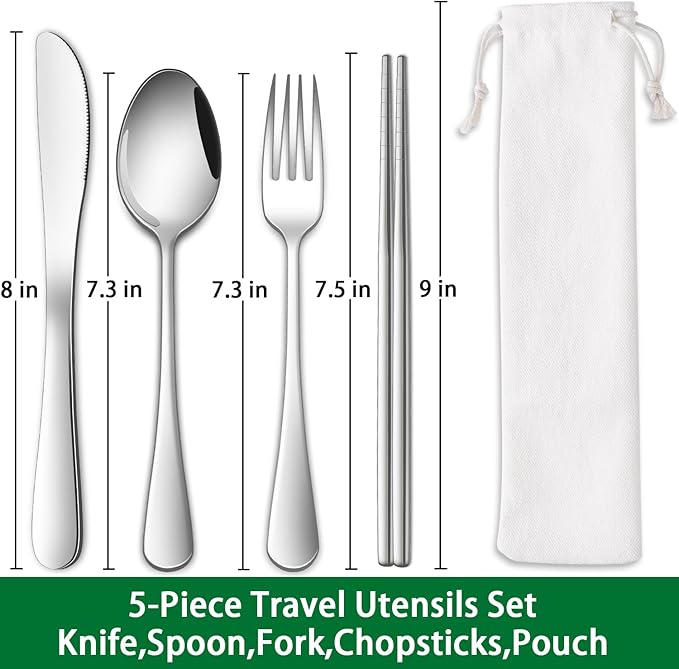 DEHOV Travel Utentils Set With Pouch,Reusable Portable Camping Silverware Set Knife Spoon Fork Chopsticks For Picnic,Travel Accessories Gadgets,Picnic Essentials