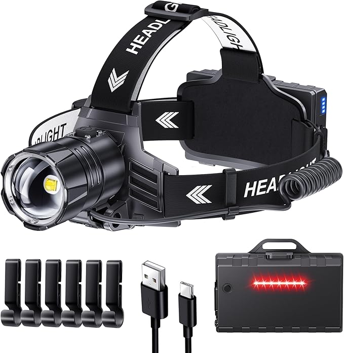 Sinvimes 99000 High Lux LED Rechargeable Headlamp, 95H Long Battery Life Head Lamp with 5 Modes & IPX7 Waterproof & Zoomable, 120° Adjustable Head Light for Adults, Outdoor, Camping, Hardhat