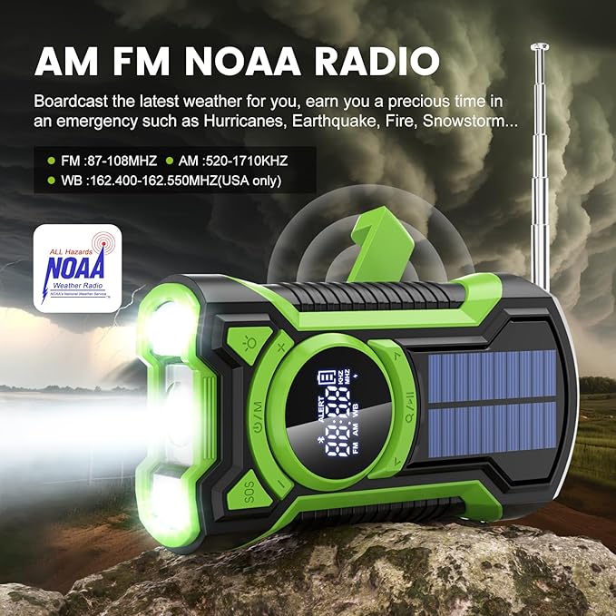 IPX5 Waterproof Emergency Weather Radio, Bluetooth Portable AM/FM/NOAA Hand Crank Radio Solar Charging, with Flashlight and 5000mAh Cell Phone Charger, USB or Battery Powered Radio with SOS Alarm