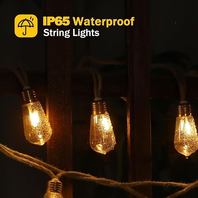 (New) Outdoor String Lights, 24FT 20 LED Hanging Bulbs Lights, IP65 Waterproof 8 Modes Plug-in Shatterproof Patio Globes Lights with Rope Hemp String for Backyard Balcony Camping Bistro - Warmwhite