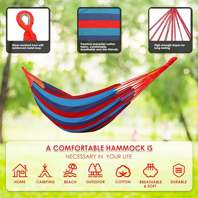 Gold Armour Brazilian Style Hammock with Tree Straps for Hanging - Durable Portable Single/Double Hammock for Camping, Outdoor, Indoor, Patio, Backyard (Blue & Red Stripe)