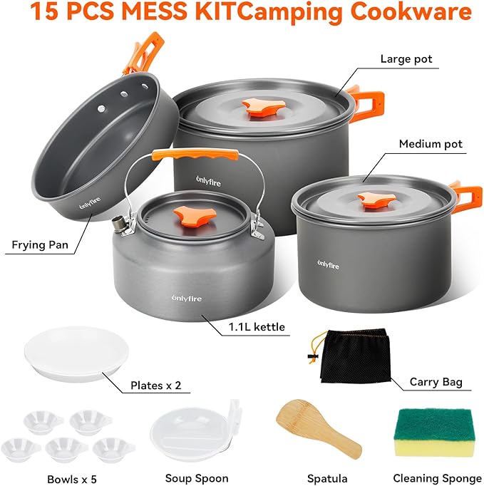 ONLYFIRE OUTDOOR LIVING15pcs Camping Cookware Set, Lightweight Nonstick Pots, Pan, Kettle, Utensils, Bowls, and Cleaning Tool with Mesh Bag for Camping Hiking Backpacking RV Tailgating Cooking, CT605