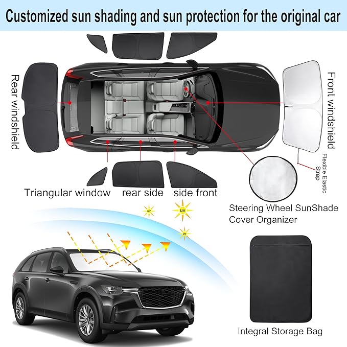 8PCS Windshield Sun Shade Custom Fit for 2024 2025 2026 Mazda CX-90 CX90 Accessories Foldable Sunshade Side Rear Window Shade Cover Full Set Privacy Protection Keeps Car Cool