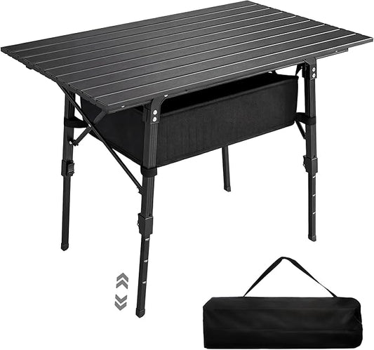 Outsunny 3ft Portable Camping Table with Storage Bag, Adjustable Height Aluminum Small Folding Table, Lightweight Picnic Table with Carry Bag for Outdoor Picnic BBQ Backyards Beach, Black