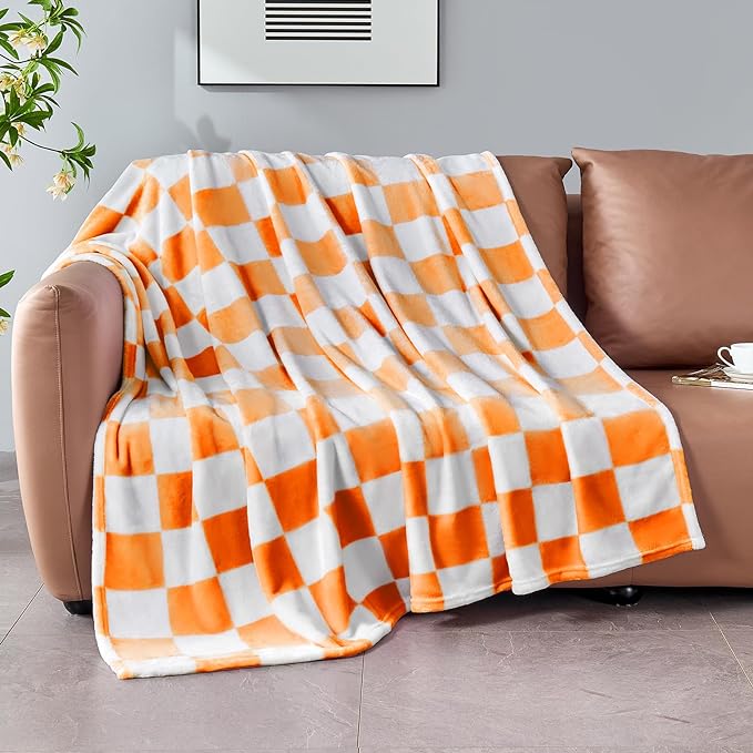 Edenleaf Orange Checkered Blanket, Soft Cozy Fleece Checkered Throw Blankets for Bed Sofa Couch Camping, Ultra Fluffy Throws for All Seasons, 50x60 Inch, Orange