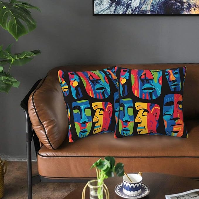 Colorful Face Art Throw Pillow Covers 18x18 inch Set of 2 Pillow Case Cushion Cover for Home Sofa Couch Living Room Car Decor
