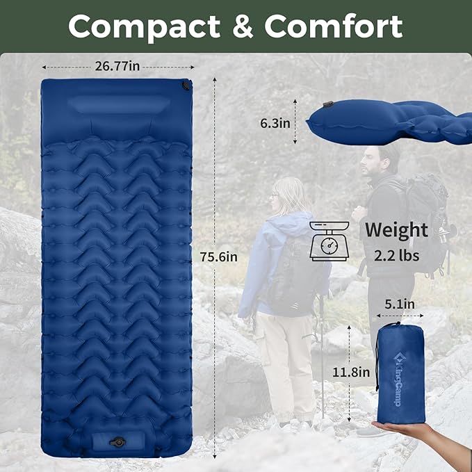 KingCamp Sleeping Pad for Camping, Ultralight Connectable Inflatable Sleeping Pad Camping Mattress with 6.3" Built-in Pillow & Foot Pump for Backpacking Hiking Tent Cot