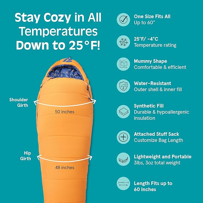 Retrospec Dream 25 Kids Sleeping Bag for Camping - Mummy Style, Water-Resistant, Lightweight 3lbs 3oz, Adjustable Length, Draft Collar, 25°F Rating