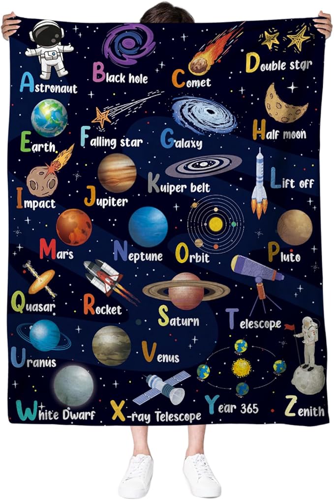 Space Alphabet Blanket, Space Themed Bedroom Decor, 50" X 60" Galaxy Blanket Gifts for Adult, Planet Astronaut Gift for Boys Birthday Christmas
