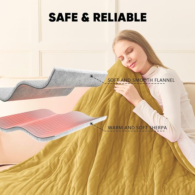 greenoak Heated Blanket Electric Full 72"X84", Heating Blankets with 10 Heat Levels 8 Hours Auto-Off, Soft Flannel Sherpa Fluffy House Warming Gifts for Grandma Seniors Mom,Brownish Yellow