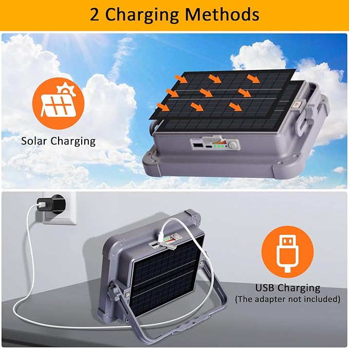 100W LED Rechargeable Work Light, 6000mAh Portable Solar Floodlight with 5 Light Modes, 10,000 Lumens Security Lights, IP66 Waterproof for Camping, Power Outages, Emergency, Hiking, Car Repairing