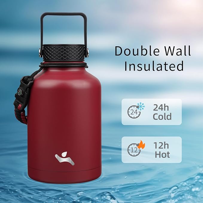 Konokyo Insulated Water Bottle with Straw,50 oz 3 Lids Water Jug with Carrying Bag,Paracord Handle,Double Wall Vacuum Stainless Steel Metal Flask,Dark Red