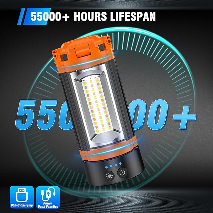 AKOFUN 12000mAh Camping Light with Stand, Rechargeable Work Light, 10000 Lumen Dimmable Cordless Work Light with 3 LED Lamp Heads, Magnetic Emergency Flashlight with 79" Detachable Tripod