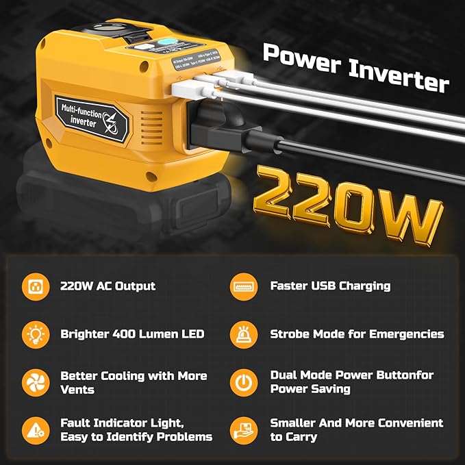 220W Power Inverter Compatible with Dewalt 20V Battery, DC 20V to AC 110V Portable Power Station Generator with 1 AC Outlet, 2 USB Ports & 1 Type-C Fast Charging, 400LM LED Work Light (2-Pack)