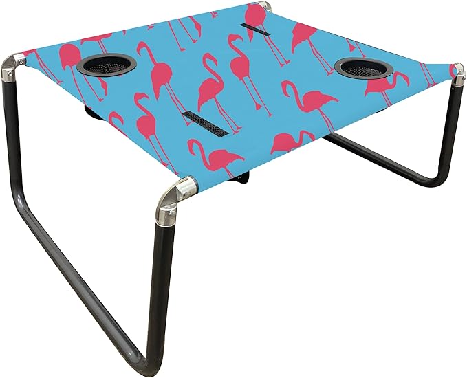 Neso Beach Table - Lightweight, Portable and Foldable Table for Beach, Camping and Outdoor Adventures - Stable Surface - with Cup Holder for Drinks and Phone Pockets - Flamingos