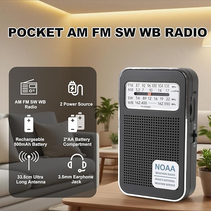 4 Bands AM FM SW NOAA Weather Radio, Portable Pocket Radio with Earphone Jack & Speaker, Rechargeable & Battery Powered, Compact Emergency Radio for Hurricane Home Outdoor Walking