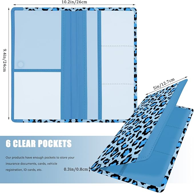 Car Registration and Insurance Holder, with Magnetic Closure for License, Cards and Documents, All Vehicle Needs and Car Accessories (Leopard-Blue)