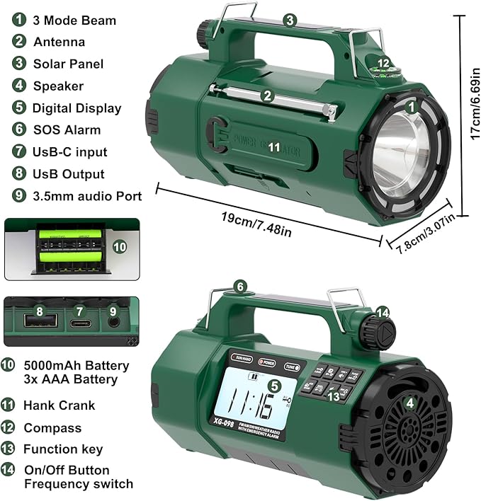 Emergency NOAA Weather Alert Radio, 5000mAh AM/FM Portable Radio with Solar, Hand Crank & AC Power, Replaceable Battery, Flashlight, SOS Alarm, Clock & Headphone Jack for Home & Outdoor Emergencies