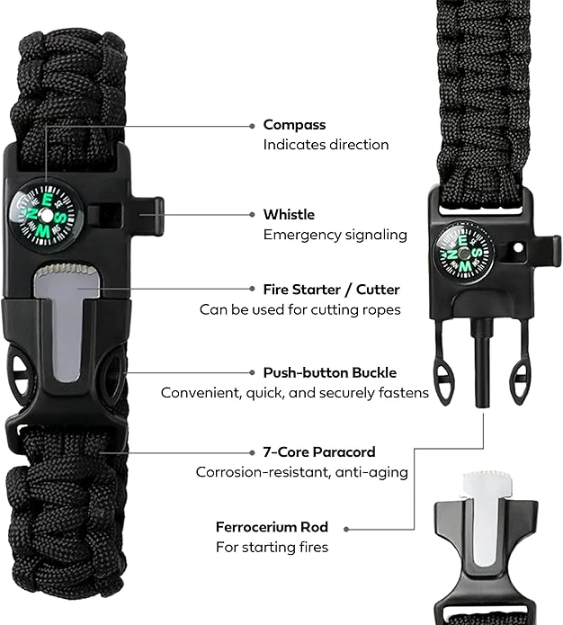 Survival Bracelet,Practical Five Functions, Fire Starter, Loud Whistle, Reliable Compass, Rope Cutter, Reliable Paracord (khaki&brown)