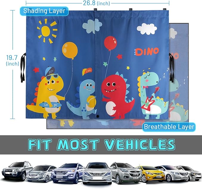 DIZA100 Car Window Shades, 2 PCS Magnetic Double Layer Sun Shade, Side Windows Privacy, Full Covers/Half Shade Options, Cute Dinosaurs, Compatible with Car, SUV, Minivan