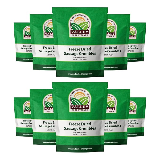Valley Food Storage Freeze Dried Sausage Crumbles | 10-Bag Bucket, 85 oz | Premium Emergency Food Supply, 25 Year Shelf Life | Prepper Supplies, Survival Food, Camping & Off-Grid Living | Packaged in USA
