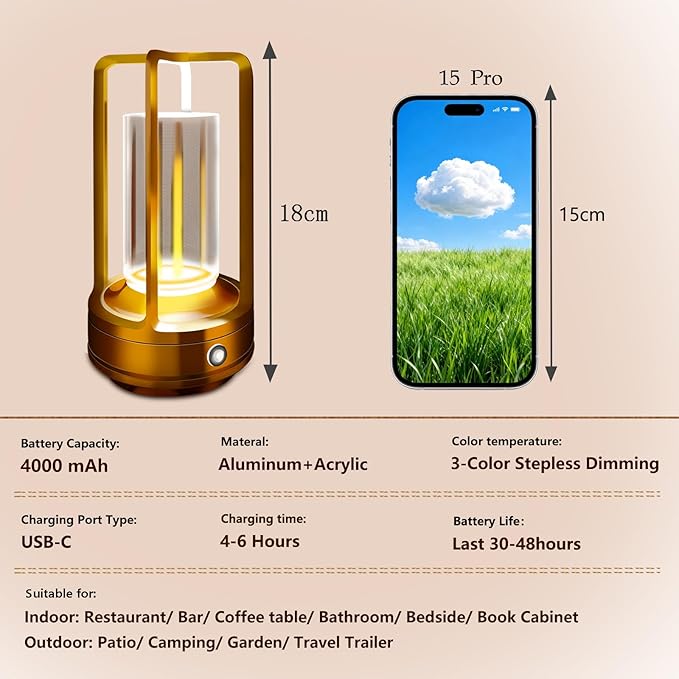 Portable Metal Table Lamp, 4000 mAh Rechargeable Outdoor Table Lamp Cordless, 3 Color Stepless Dimmable Atmosphere Table Lamps for Patio, Camping, Coffee table decor lamp for Indoor/Outdoor