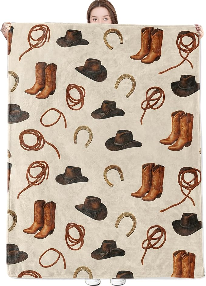 Western Cowboy Blanket with Hat,Boot and Rope Throw Blankets Lightweight Flannel Throws for Camping Couch Chair Office Bed Rustic Country Style Home Decor Gifts for Adults,80x60inch