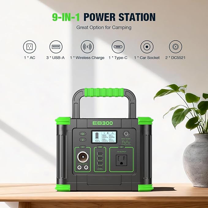 Portable Power Station 330W, 288.6Wh Solar Generator with 60W USB-C PD Output, 110V Pure Sine Wave AC Outlet, 5W Wireless Charging, 330W Backup Lithium Battery for Outdoor Camping Travel Hunting Home