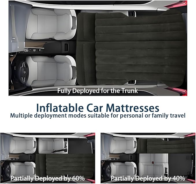 Car Air Mattress - Inflatable Camping Bed Compatible with Tesla Model Y, Thickened Flocked AirBed for Trunk/Backseat/Sedan/SUV/RV, Sleeping Pad with Pump and 2 Pillows for Camping Travel Outdoor Black