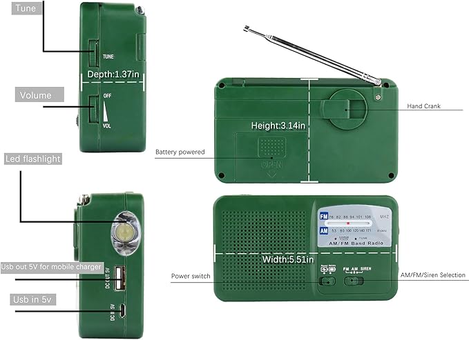Emergency Radio with Solar and Hand Crank Self Powered, Battery USB Recharging FM/AM Radio LED Flashlight Cell Phone Charger(Green)