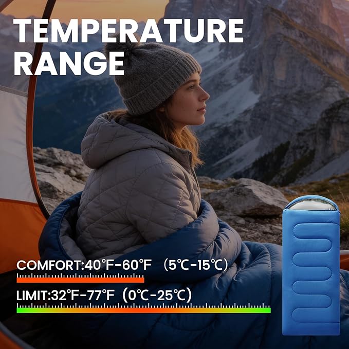 Sleeping Bags for Adults & Kids Lightweight Waterproof 3-4 Season Warm with Inflatable Pillow–Compact Portable Sleeping Bag for Cold Weather Camping, Hiking, Travel, Indoor/Outdoor Use