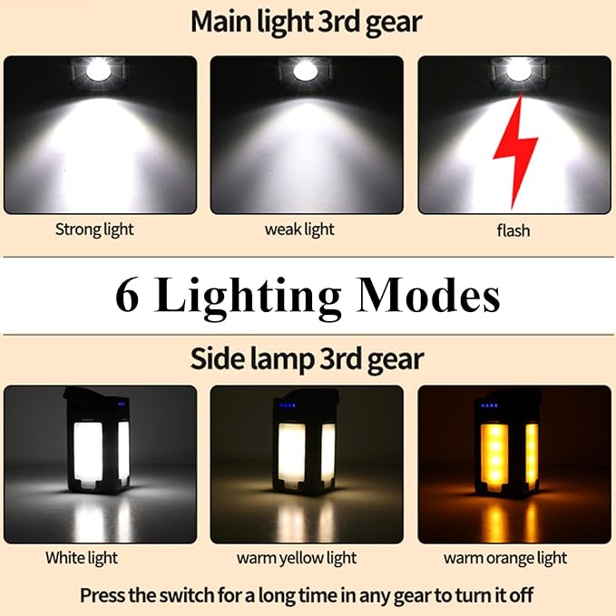 Solar Rechargeable Camping Lantern,6 Modes of Light Adjustment,2000mAh LED IPX4 Waterproof Protable Camping Light,Used for Emergency Lights for Home/Camp/Travle/Outdoor/Fishing/Hunting/Exploring