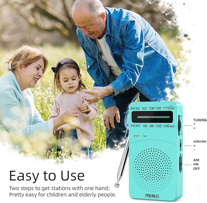 PRUNUS J-166 Portable Radio AM FM, Gifts for Dad and Mom, Battery Operated Radio with Tuning Light, Back Clip, Excellent Reception, AM FM Radios Portable, Transistor Radios