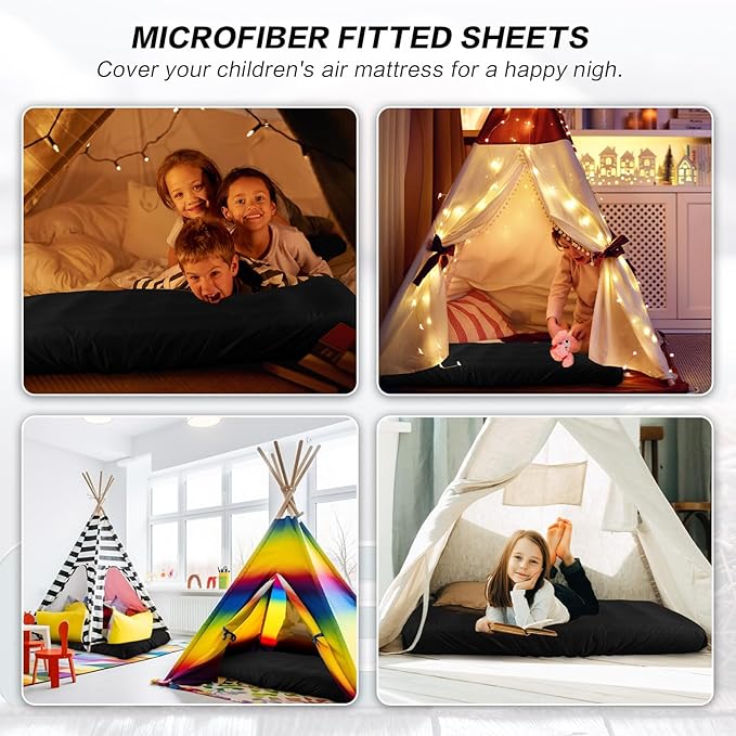 Breling Kids Air Mattress Fitted Sheets Compatible with Intex Cozy Kidz (Sheet Only) Toddler Inflatable Mattress Sheets for Kids Sleepover Party Travel Camping Airbed(Black,2 Pcs)