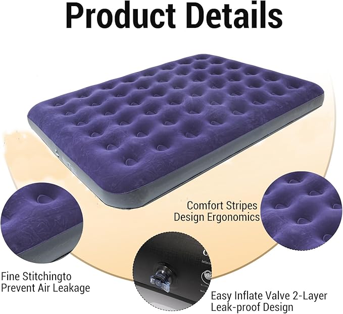 Onirii Queen Size Double Camping Air Mattress Bed with Air Pump,Inflatable Mattress,80"x 60"Thickened Portable Blow Up Air Mattress,Travel Sleeping Bed Pad for Camping Home Hiking