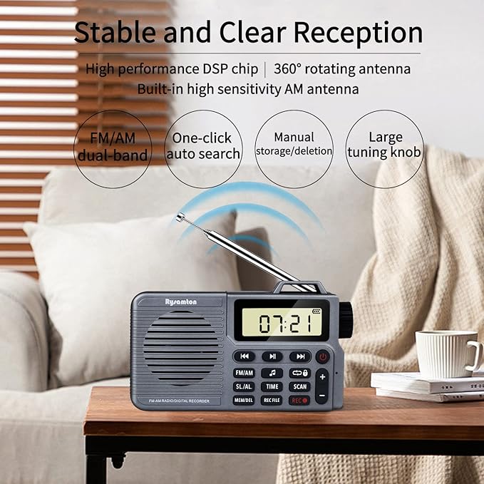 Portable AM/FM Radio, Small Pocket Radio with Bass Speaker, Support Micro SD Card and Record, Long Battery Life, Alarm and Sleep Function